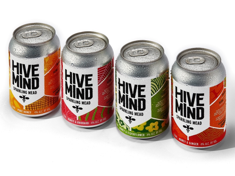 Line-up of cans of Hive Mind mead